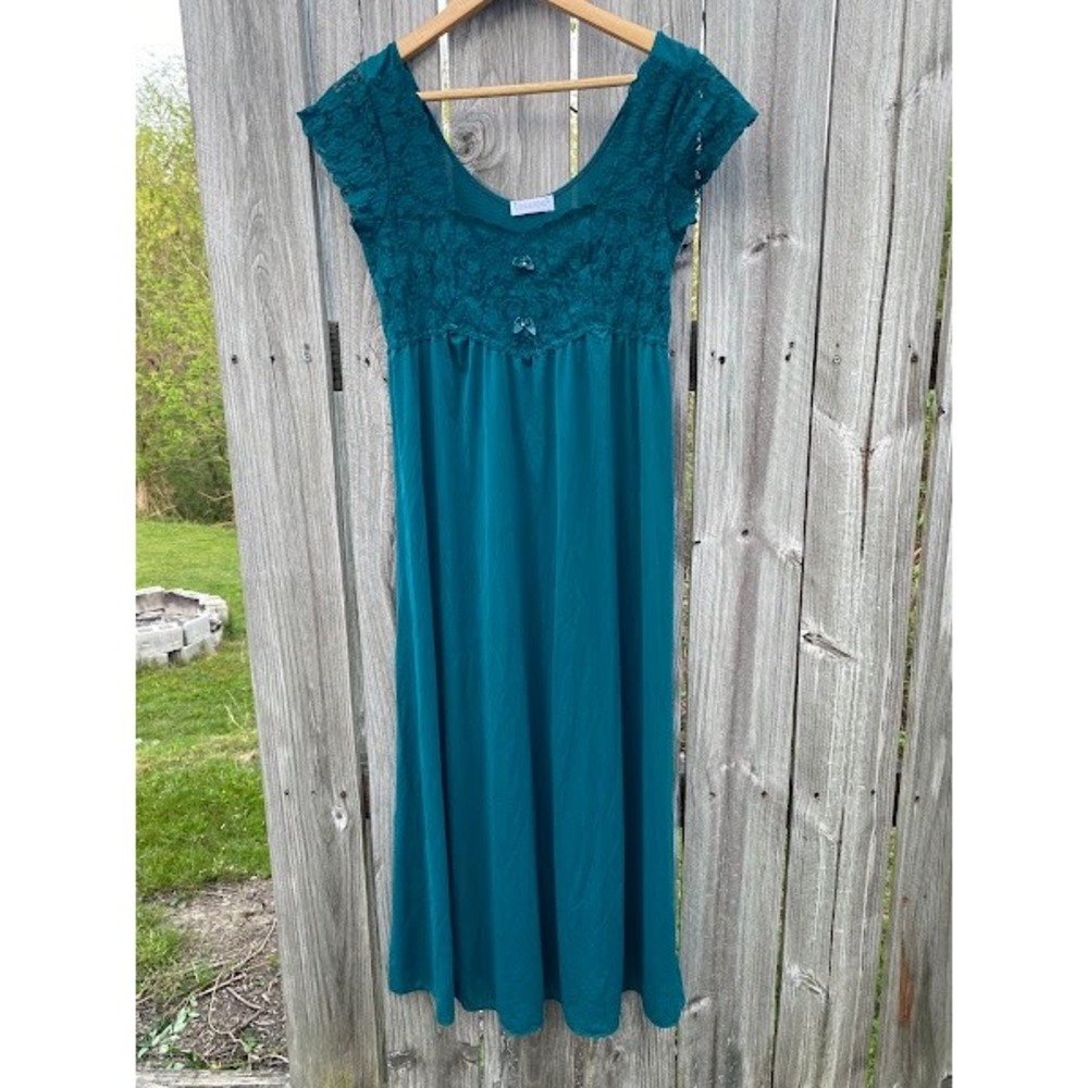 Vintage Lorraine Teal Lace Empire Waist Nightgown Maxi Dress Womens Large USA